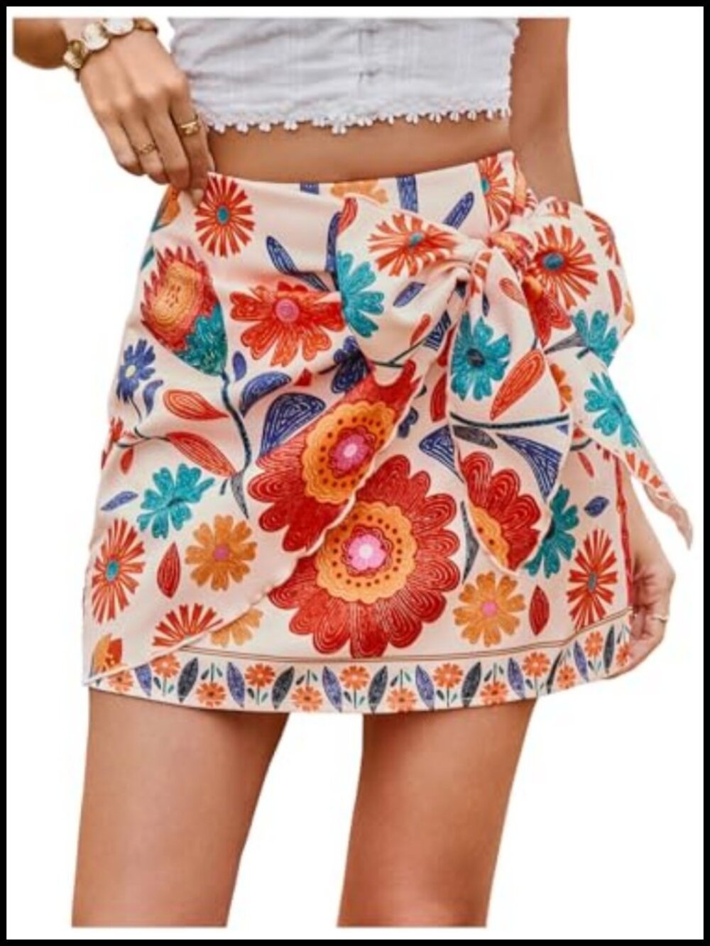 Boho Wrap Skirt with Floral Print, High Waisted, Knot Side, Mini Length - Picture 1 of 4